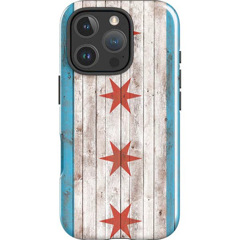 Chicago Flag Dark Wood iPhone 16 Pro Impact Case